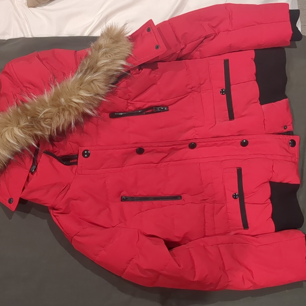 Red winter bomber jacket with removable fur hood